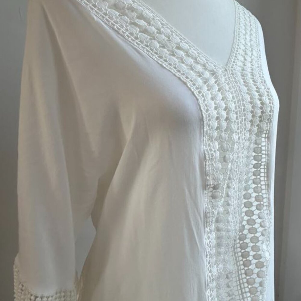 Solitary Swim White Beach Cover-Up Dress With Crochet And Fringe Sleeves - US S